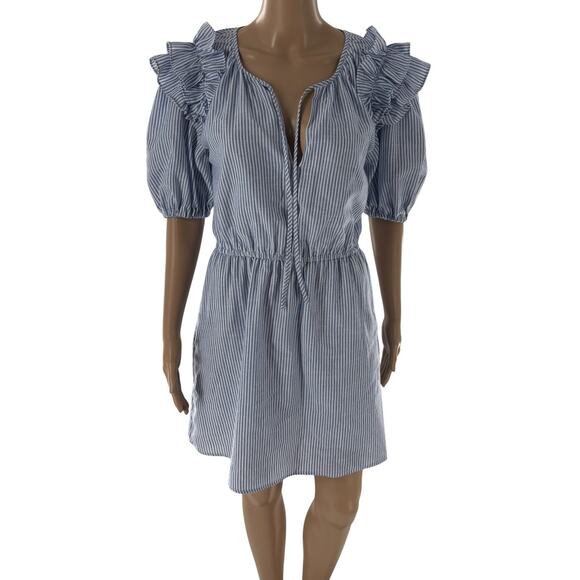 Caballero Blue Striped White Cloe Ruffle Tie Neck Cotton Dress - Picture 4 of 12